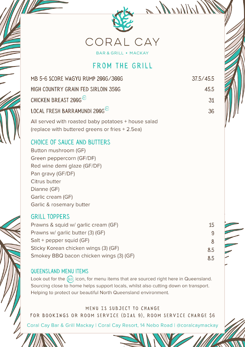 Menu, Coral Cay Bar & Grill Mackay