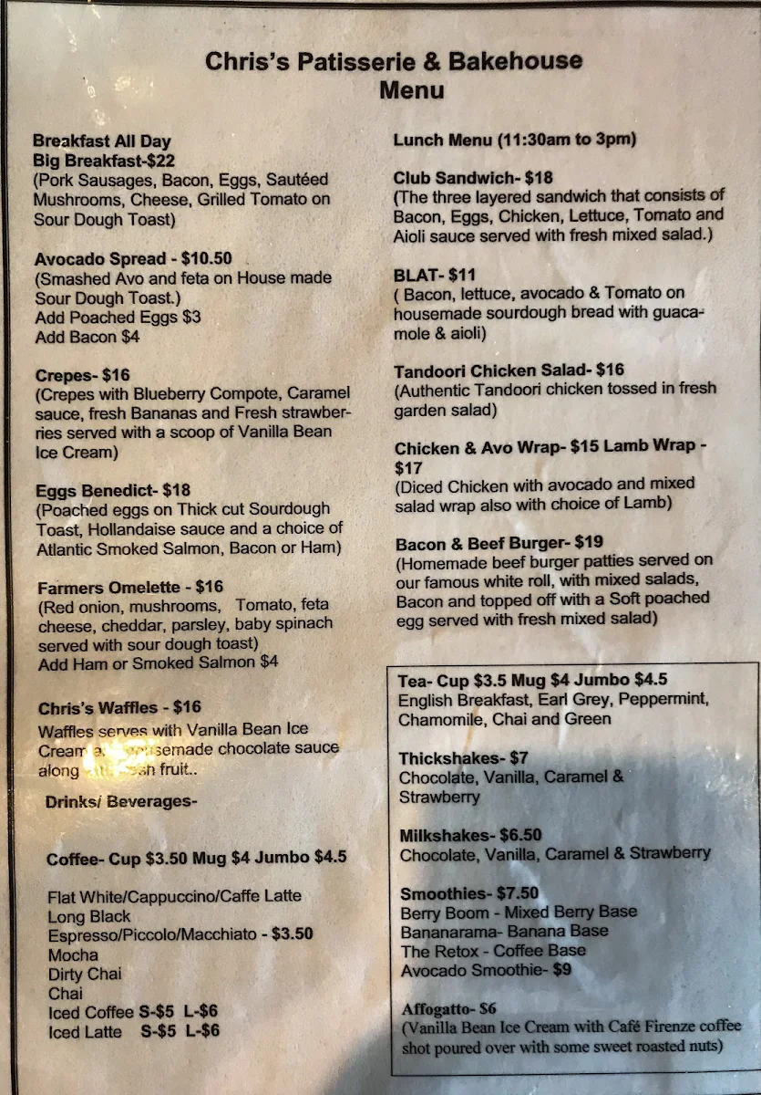 Menu, Chris's Patisserie & Bakehouse