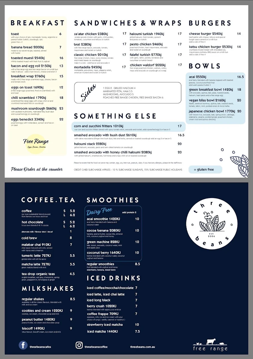 Menu, Three Beans York Street