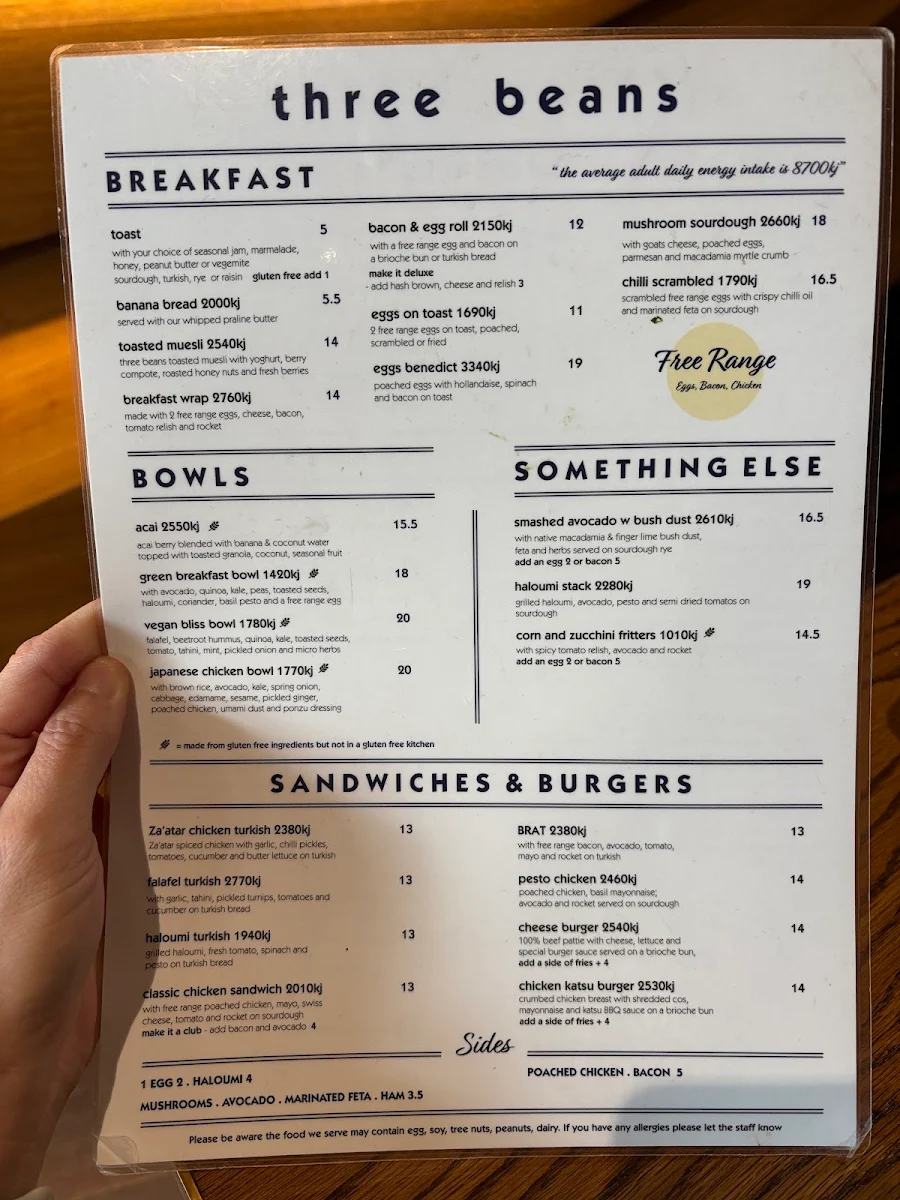 Menu, Three Beans York Street