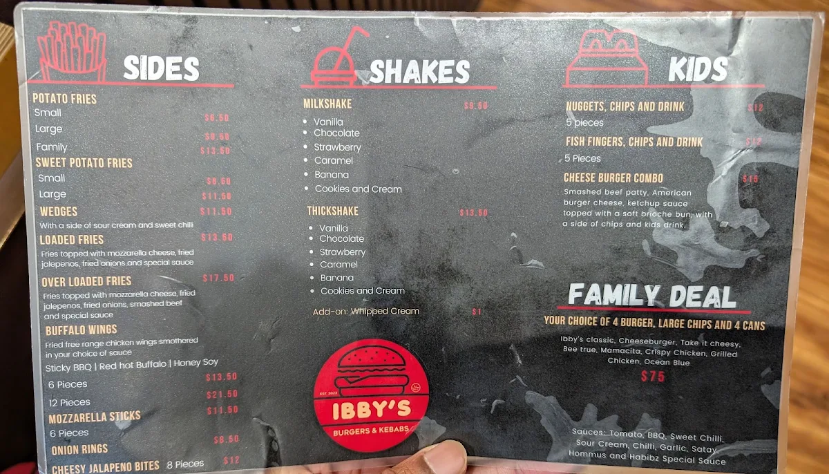 Menu, Ibby's Burgers
