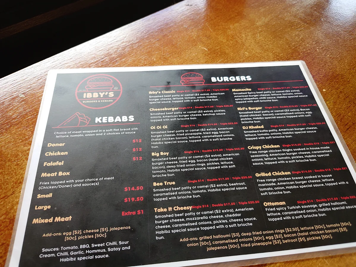 Menu, Ibby's Burgers