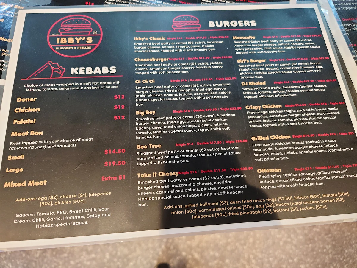Menu, Ibby's Burgers