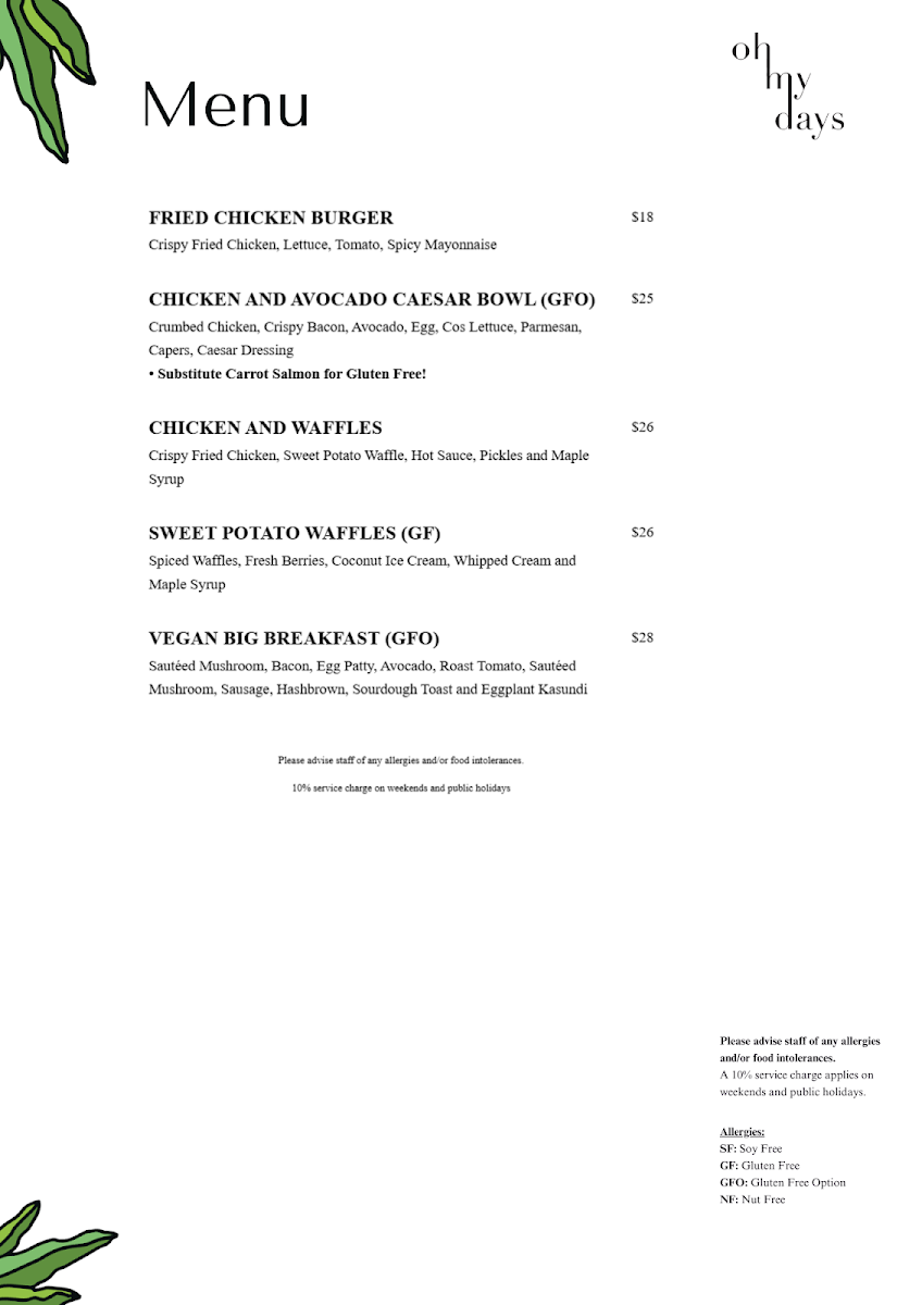 Menu, Oh My Days Vegan Patisserie
