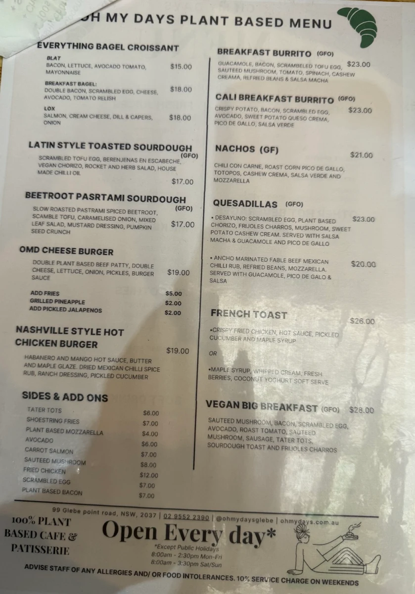 Menu, Oh My Days Vegan Patisserie