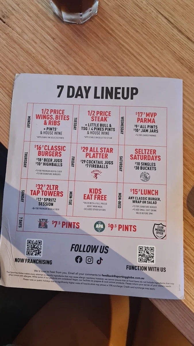Menu, The Sporting Globe Bar & Grill Logan