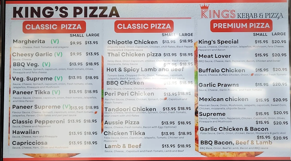 Menu, Kings Kebab & Pizza - Gourmet Pizzas & Authentic Kebabs in Atwell WA.