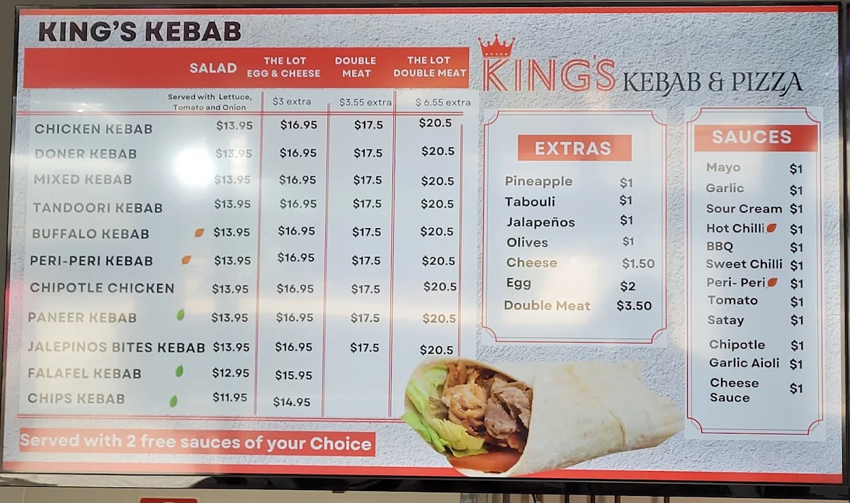 Menu, Kings Kebab & Pizza - Gourmet Pizzas & Authentic Kebabs in Atwell WA.