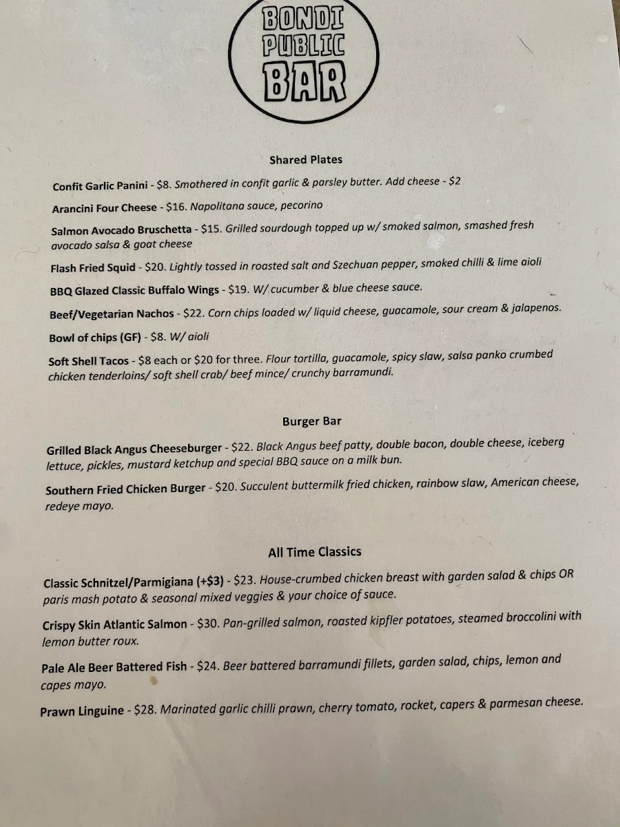 Menu, Bondi Public Bar