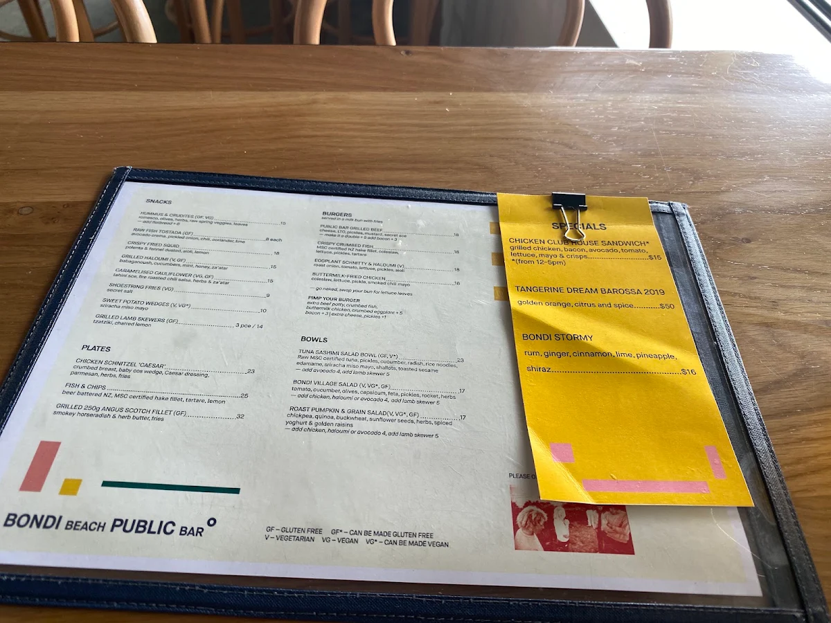 Menu, Bondi Public Bar