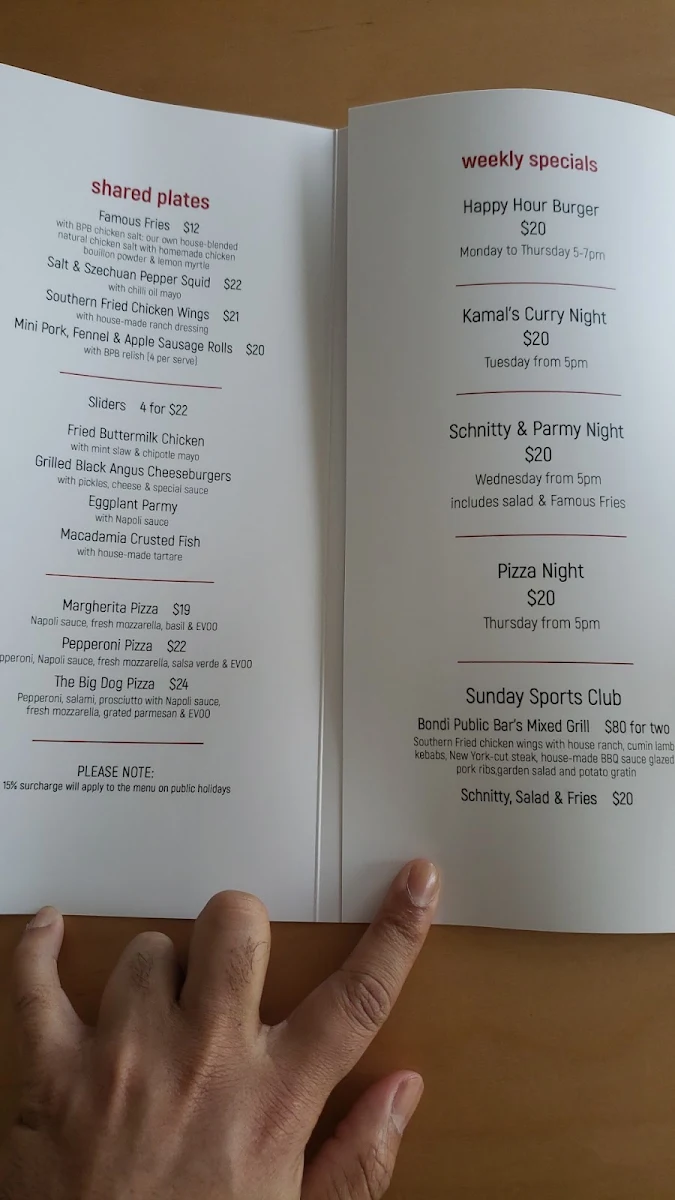 Menu, Bondi Public Bar