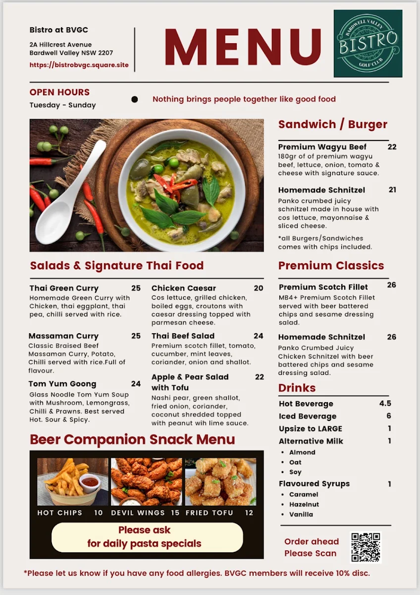 Menu, Bistro at BVGC