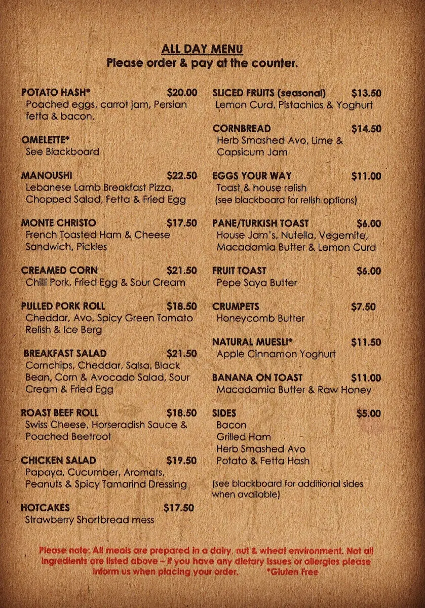 Menu, Sarmic Cafe