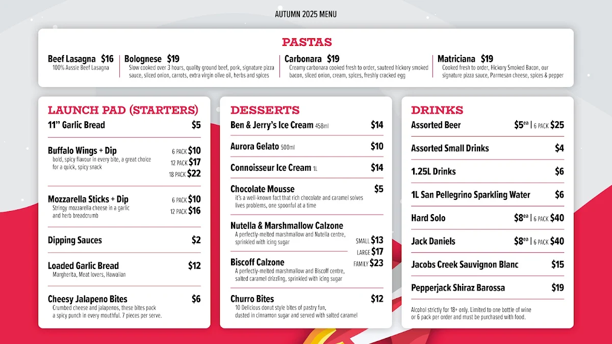 Menu, Pluto's Pizza
