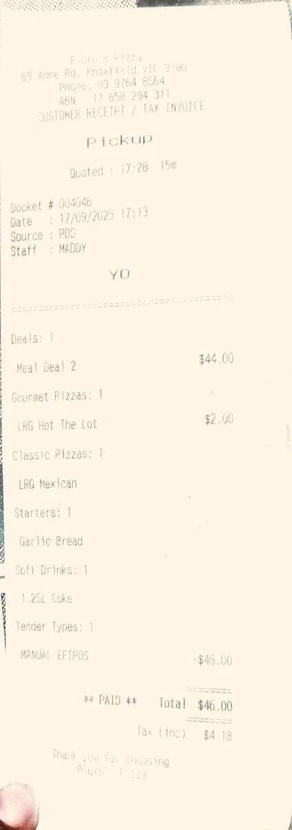 Menu, Pluto's Pizza