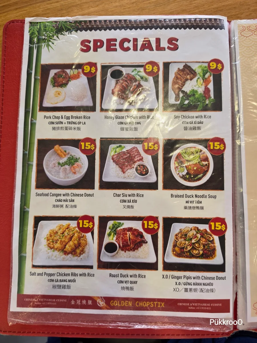 Menu, Golden Chopstix