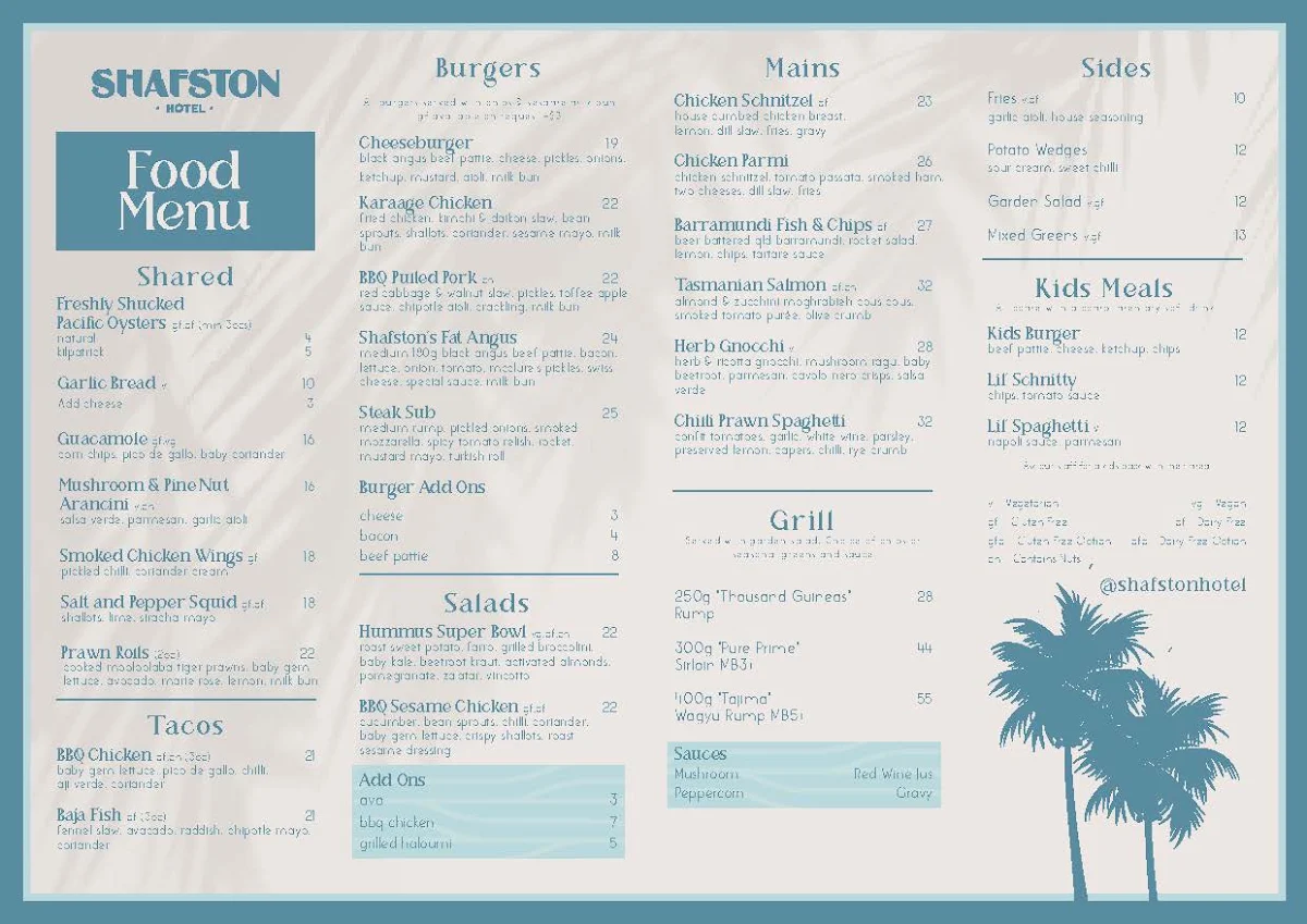 Menu, Shafston Hotel