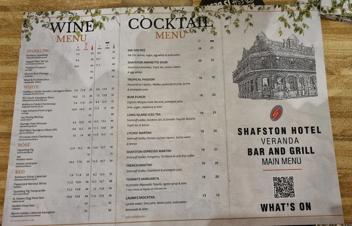 Menu, Shafston Hotel