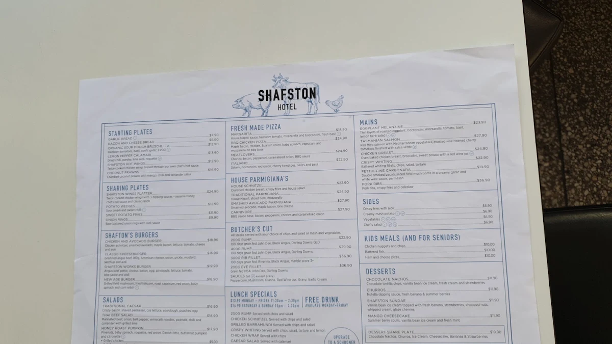 Menu, Shafston Hotel