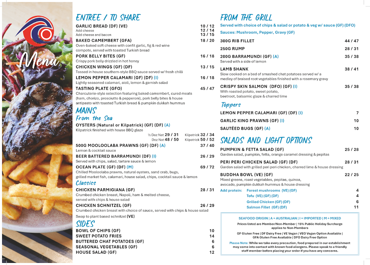 Menu, Coolum Surf Club