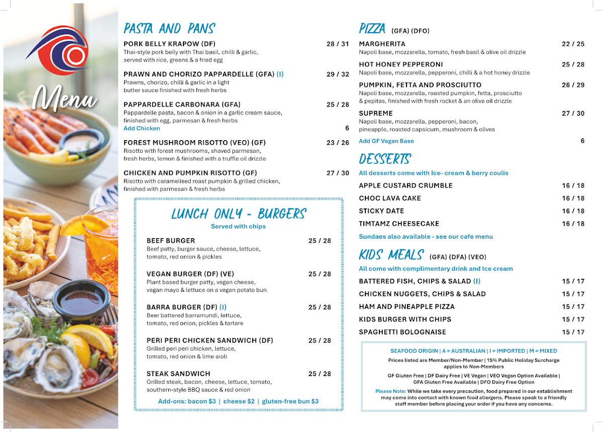 Menu, Coolum Surf Club