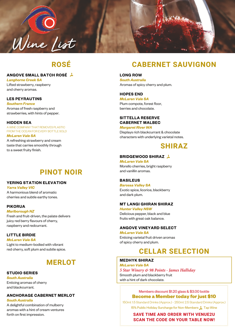 Menu, Coolum Surf Club