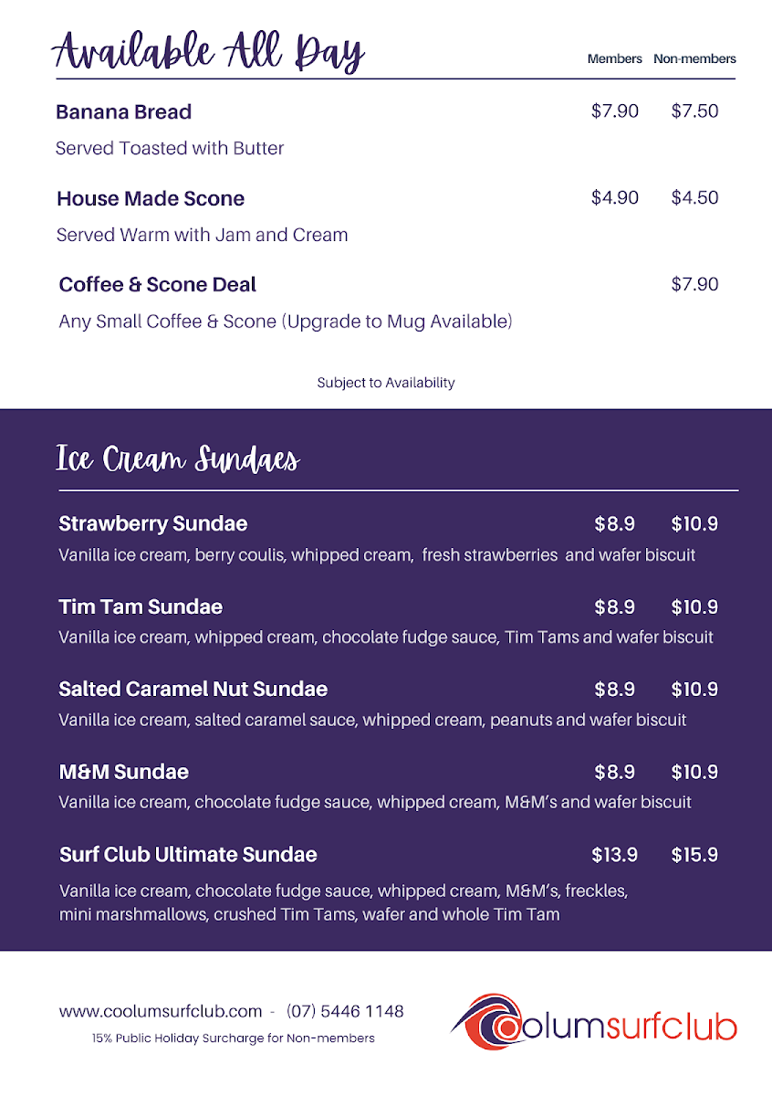 Menu, Coolum Surf Club