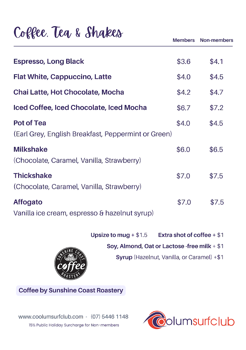 Menu, Coolum Surf Club