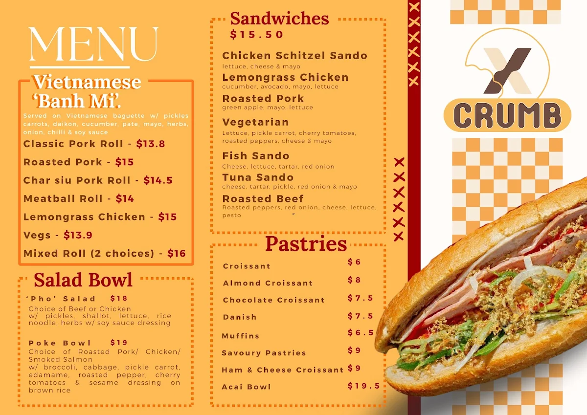 Menu, X Crumb Coffee & Roll