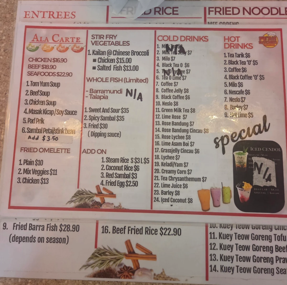 Menu, Pe'ah Kitchen