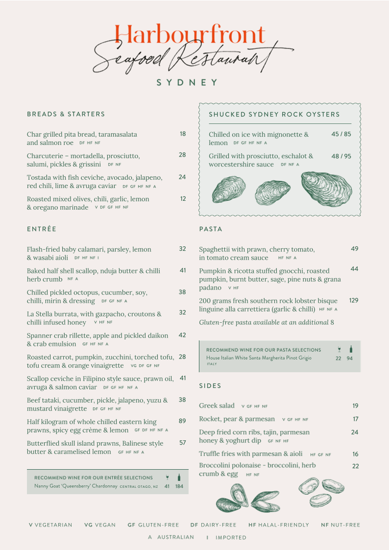 Menu, Harbourfront Seafood Restaurant Sydney The Rocks
