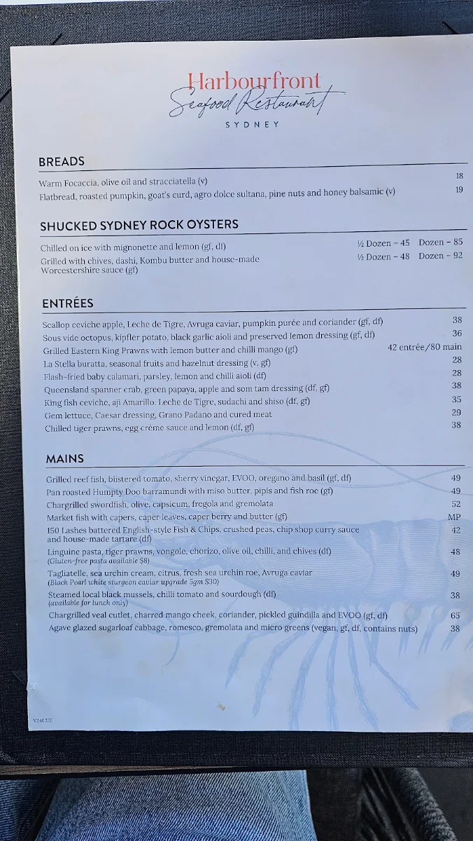 Menu, Harbourfront Seafood Restaurant Sydney The Rocks