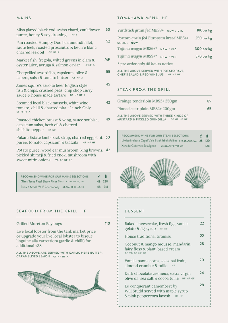 Menu, Harbourfront Seafood Restaurant Sydney The Rocks