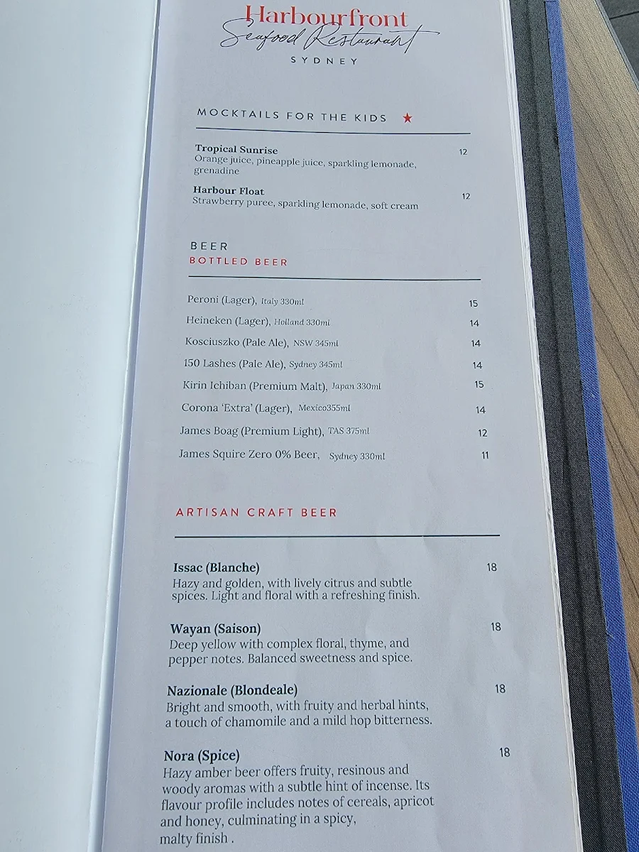 Menu, Harbourfront Seafood Restaurant Sydney The Rocks