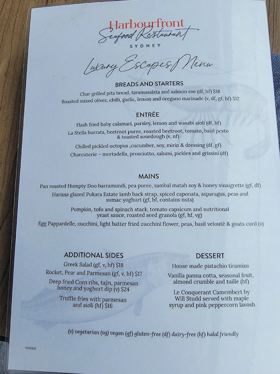 Menu, Harbourfront Seafood Restaurant Sydney The Rocks