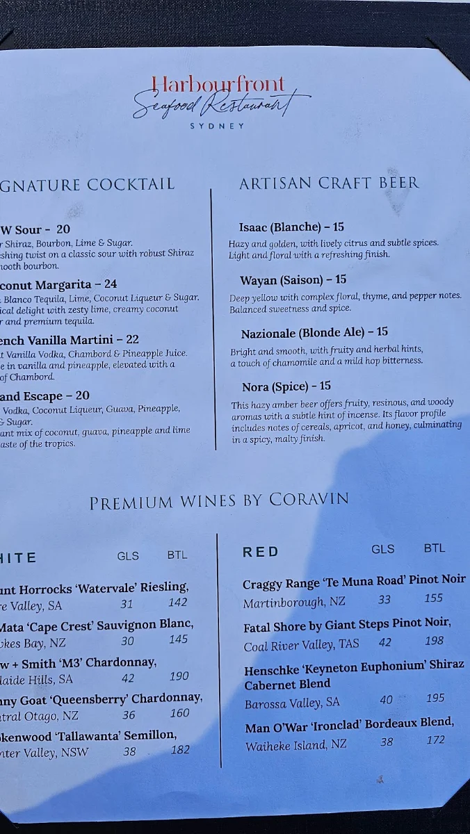 Menu, Harbourfront Seafood Restaurant Sydney The Rocks