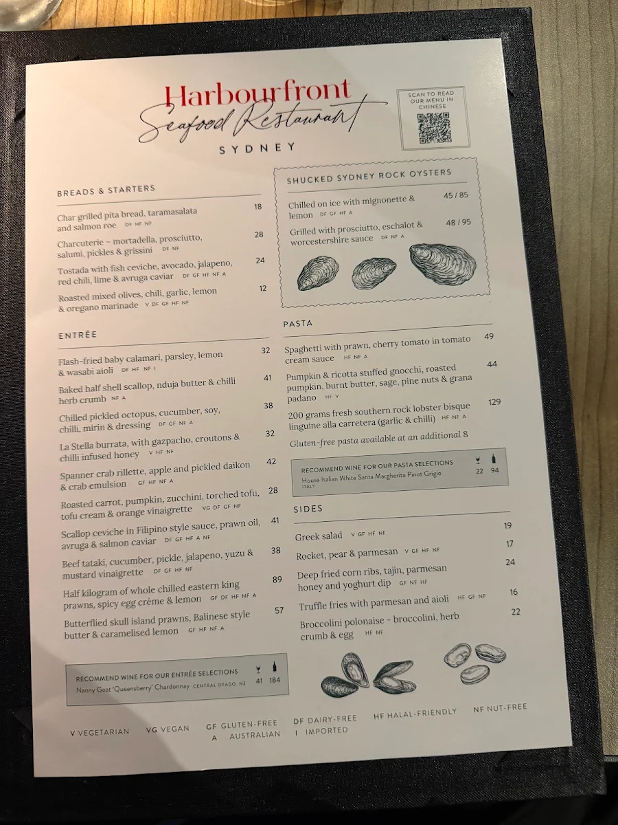 Menu, Harbourfront Seafood Restaurant Sydney The Rocks