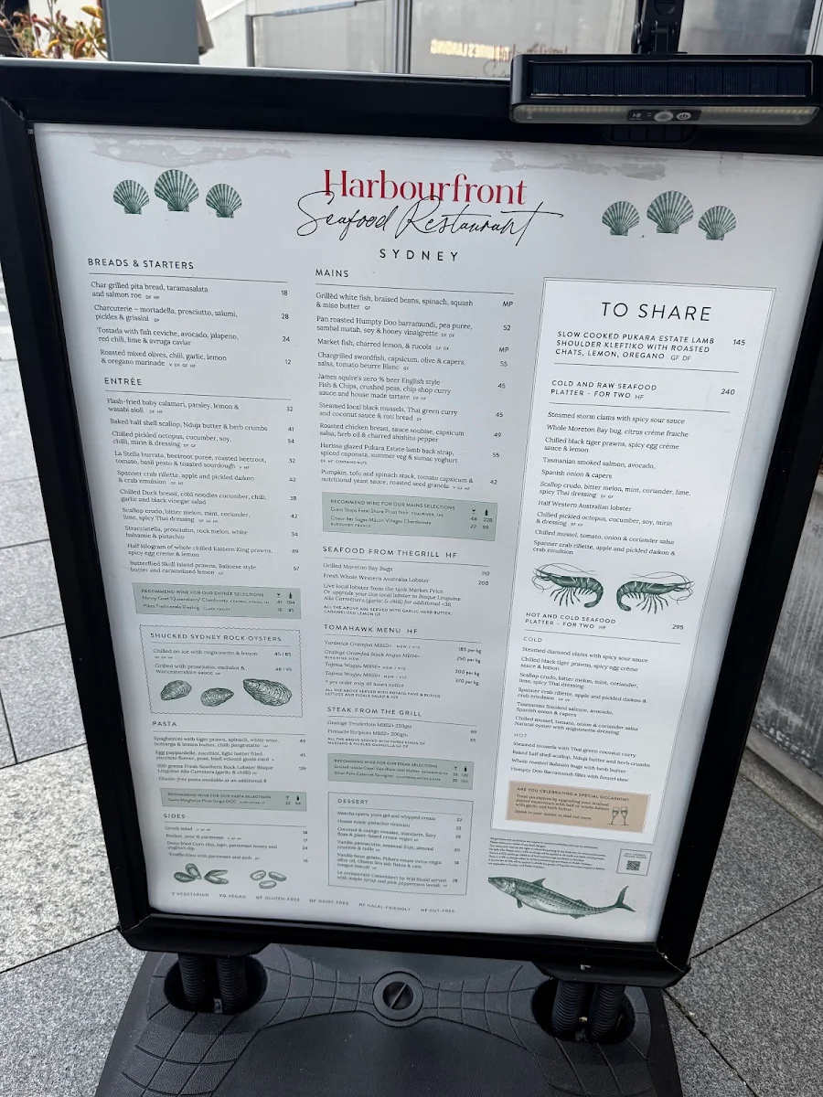 Menu, Harbourfront Seafood Restaurant Sydney The Rocks