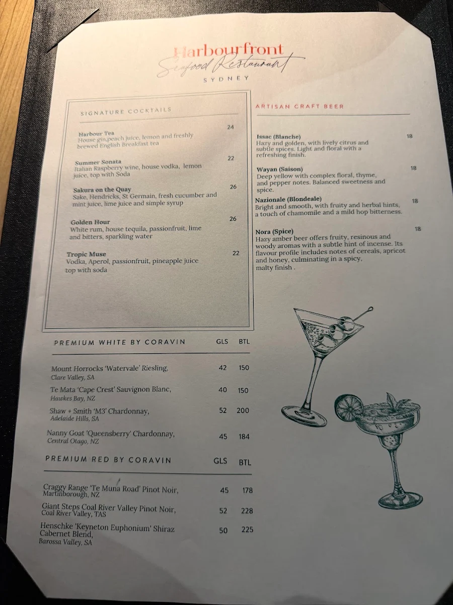 Menu, Harbourfront Seafood Restaurant Sydney The Rocks