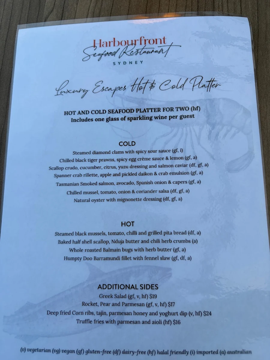 Menu, Harbourfront Seafood Restaurant Sydney The Rocks
