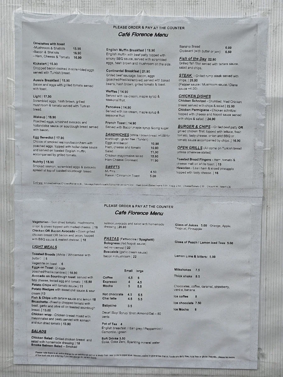 Menu, Cafe Florence