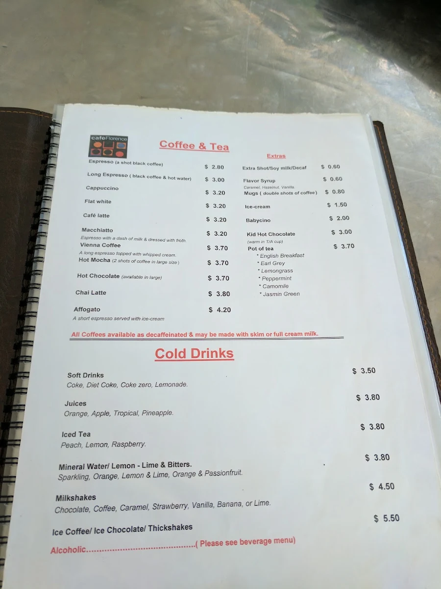 Menu, Cafe Florence