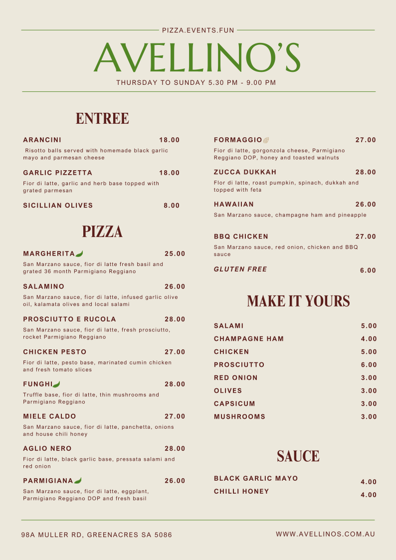 Menu, Avellino's