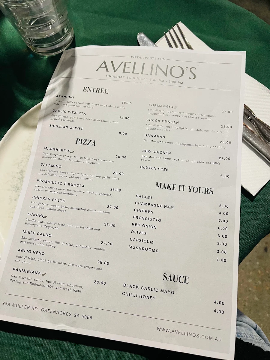 Menu, Avellino's