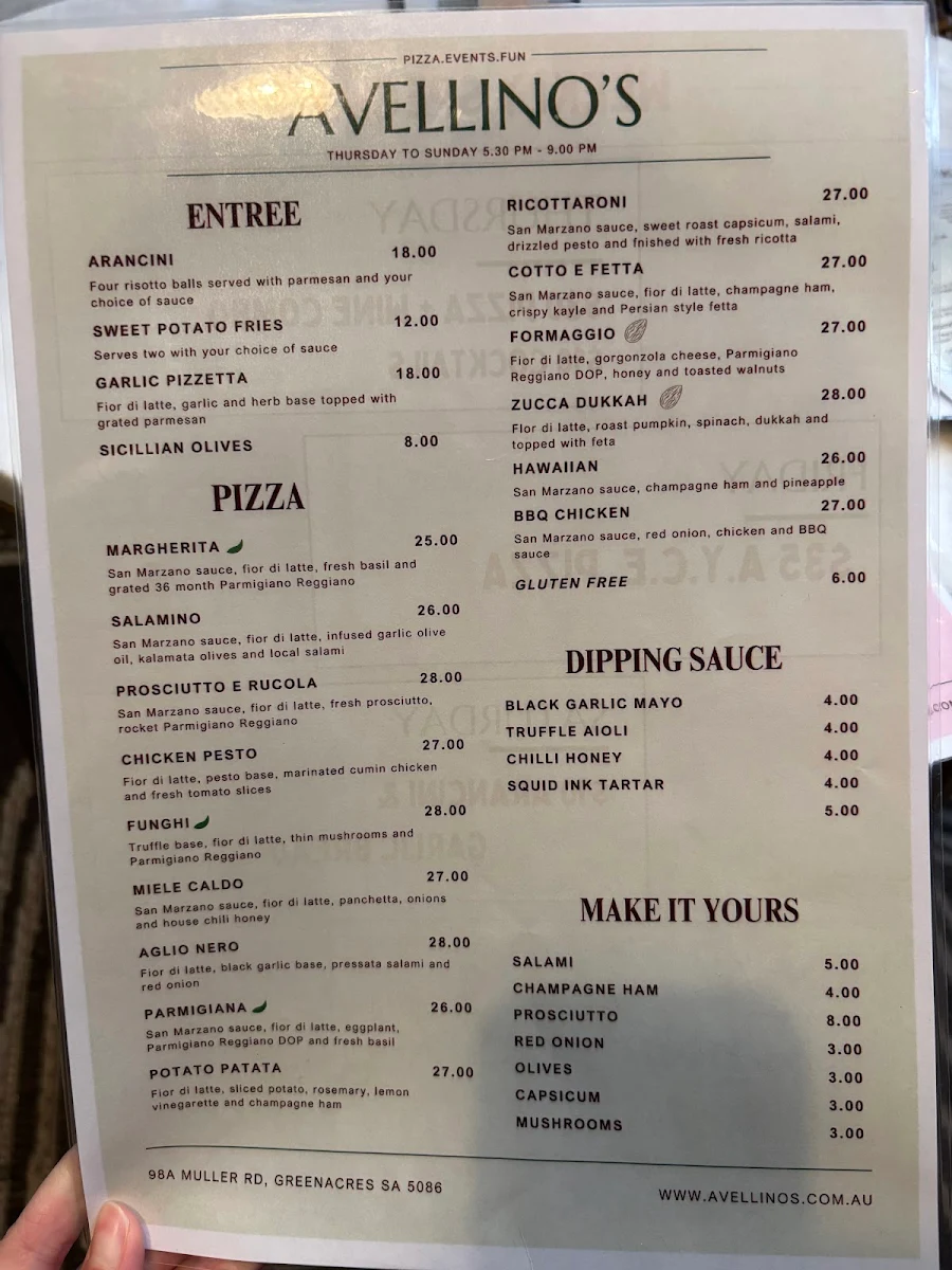 Menu, Avellino's