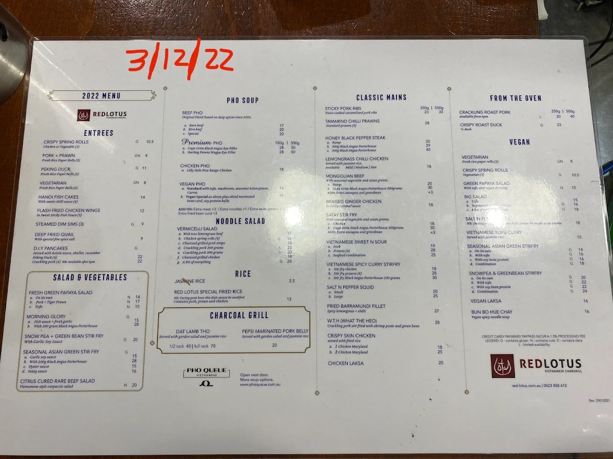 Menu, Red Lotus Vietnamese Chargrill