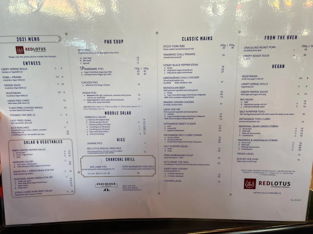 Menu, Red Lotus Vietnamese Chargrill