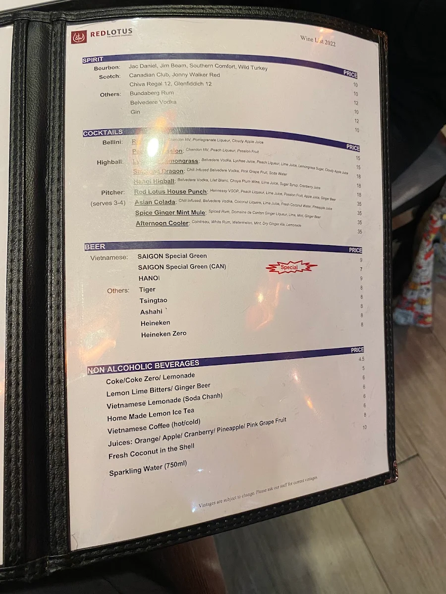 Menu, Red Lotus Vietnamese Chargrill