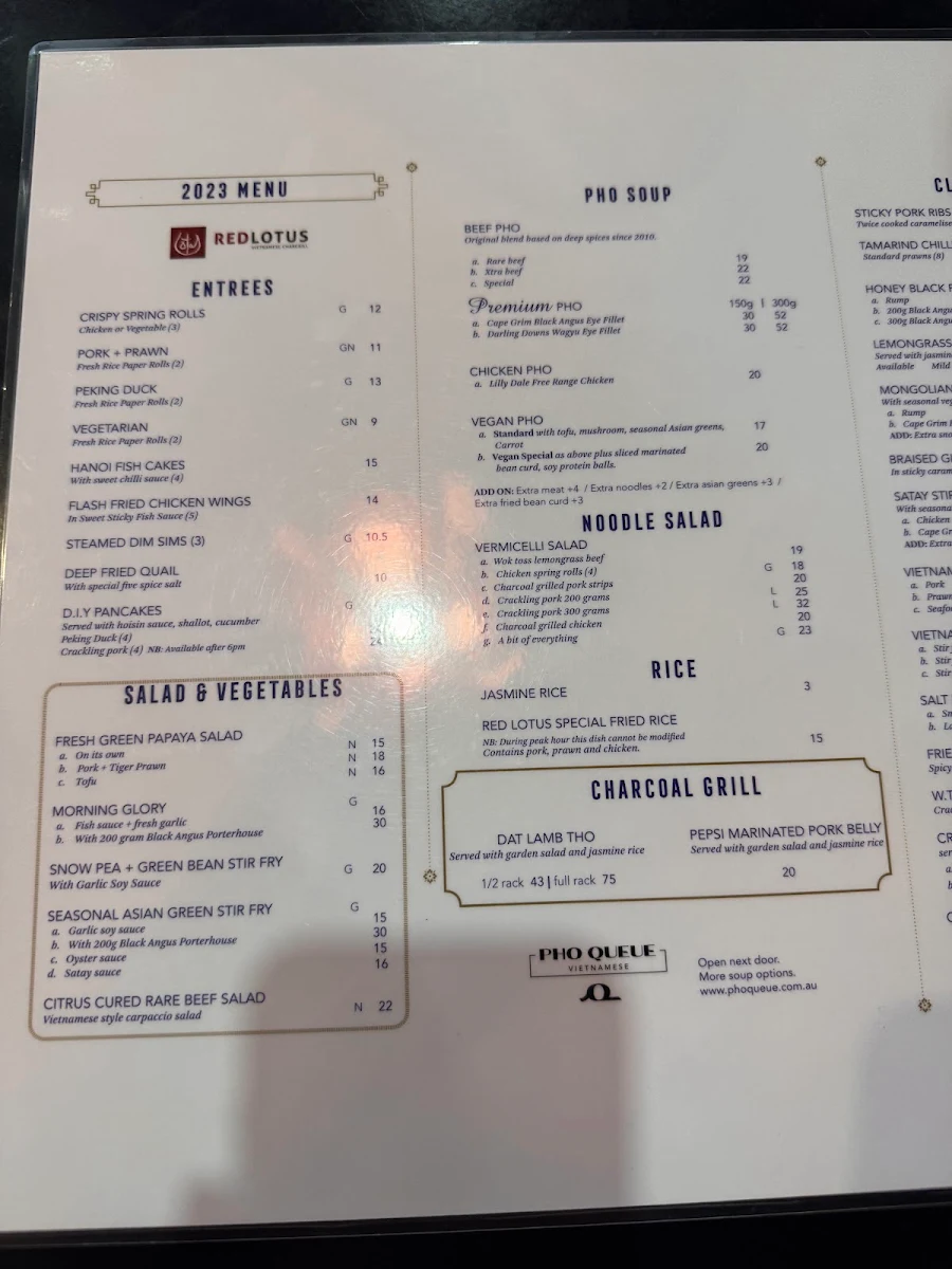 Menu, Red Lotus Vietnamese Chargrill