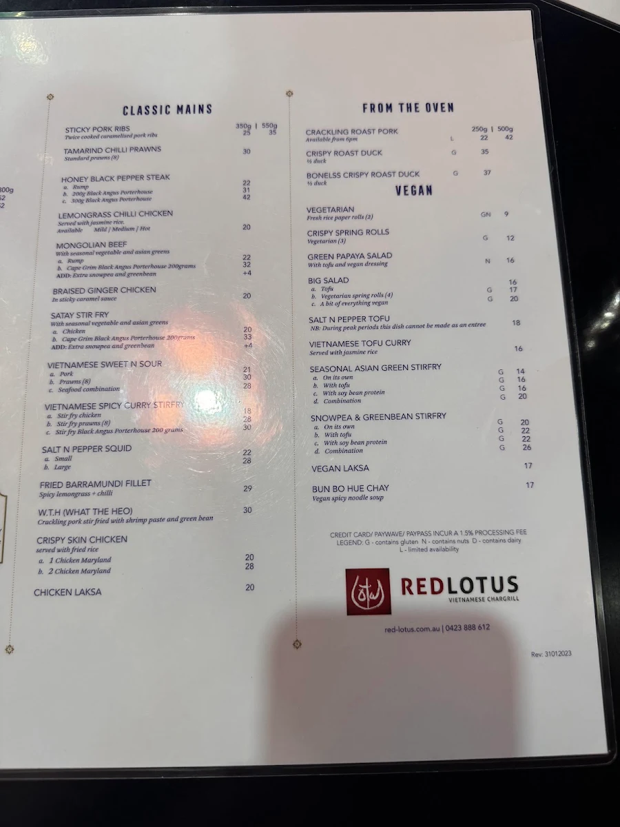 Menu, Red Lotus Vietnamese Chargrill